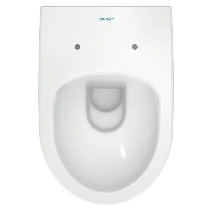 Duravit DuraStyle Wand-WC Basic - Spülrandlos, Ohne Spezialglasur, Spülform: Tief, WC Abgang: Waagerecht, Weiß - Weisse Duravit Wand-Tiefspültoilette von oben fotografiert. Die Toilette hat eine längliche Form mit zwei grauen Knöpfen.