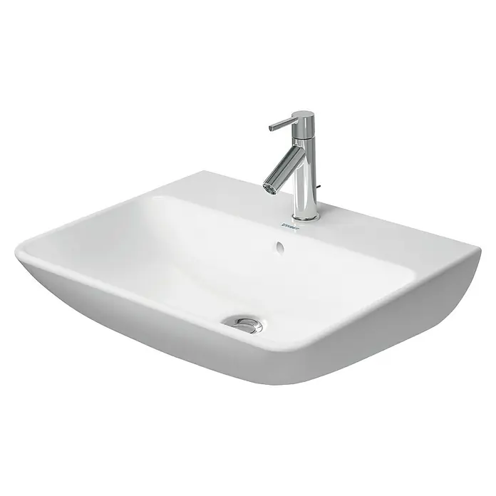 Duravit ME by Starck Waschtisch Typ 2 - 60 x 46 cm, Ohne Spezialglasur, Hahnloch: Mitte, Mit Überlauf, Weiß - Nahaufnahme eines modernen, rechteckigen Waschbeckens mit glänzender Chromarmatur, das ein elegantes Baddesign zeigt.