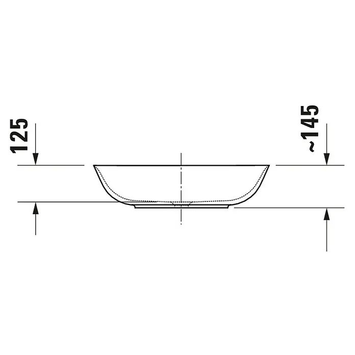 Duravit ME by Starck Waschtisch Typ 2 - 60 x 46 cm, Ohne Spezialglasur, Hahnloch: Mitte, Mit Überlauf, Weiß - Eine technische Zeichnung eines Aufsatzwaschbeckens mit Höhenangaben von 125 mm und ~145 mm zur detaillierten Planung.