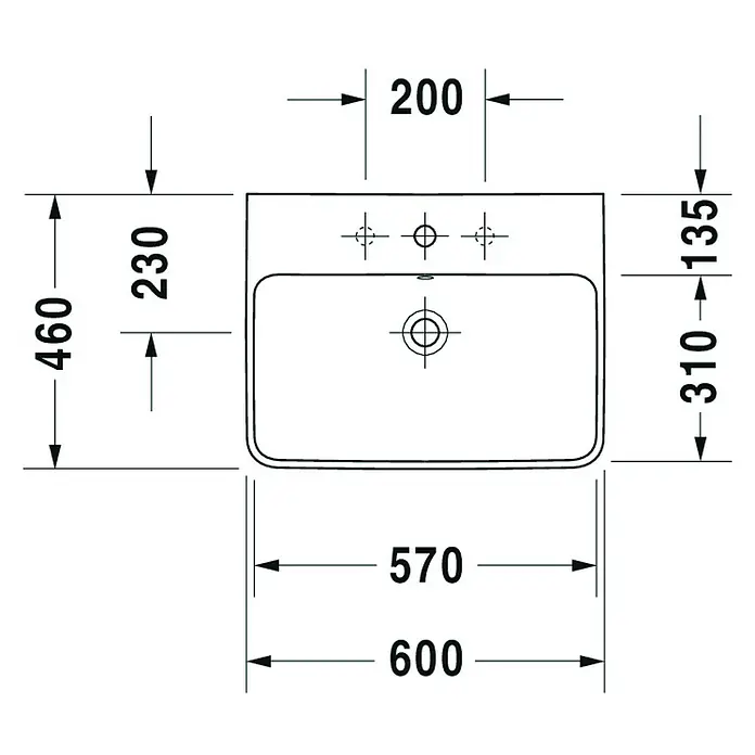Duravit ME by Starck Waschtisch Typ 2 - 60 x 46 cm, Ohne Spezialglasur, Hahnloch: Mitte, Mit Überlauf, Weiß - Technische Zeichnung eines Waschtischs mit Maßangaben für Planung und Installation. Detaillierte Abmessungen zur optimalen Badgestaltung.