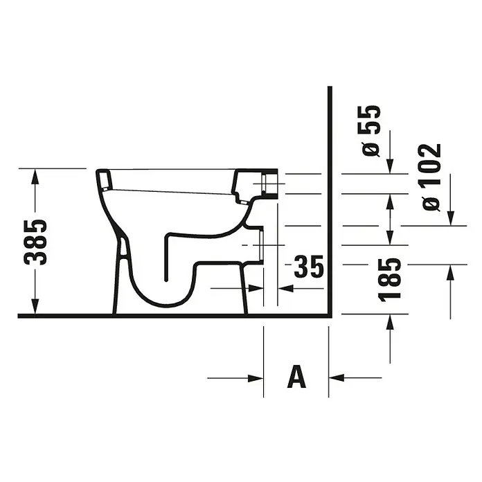 Duravit D-Code Stand-WC - Mit Spülrand, Ohne Spezialglasur, Spülform: Flach, WC Abgang: Waagerecht, Weiß - Technische Zeichnung eines wandhängenden WCs mit Maßen und Durchmesserangaben für Installationen.