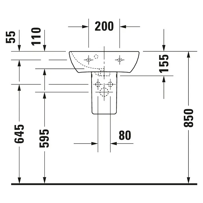 Duravit ME by Starck Waschbecken - 45 x 32 cm, Ohne Spezialglasur, Hahnloch: Mitte, Mit Überlauf, Weiß - Technische Zeichnung eines Waschbeckens mit den Maßen 200 x 850 mm, ideal für moderne Badezimmerdesigns mit präzisen Details.