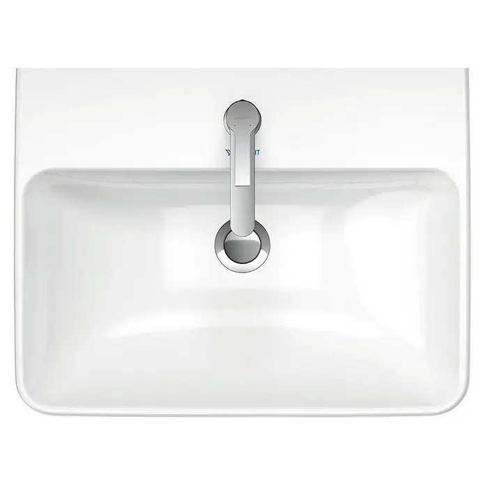 Duravit ME by Starck Waschtisch Typ 2 - 60 x 46 cm, Ohne Spezialglasur, Hahnloch: Mitte, Mit Überlauf, Weiß - Draufsicht auf ein weißes Waschbecken mit Armatur, das ein modernes und minimalistisches Design aufweist. Perfekt für jedes Badezimmer.