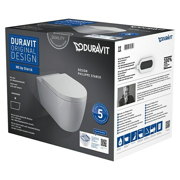 Duravit ME by Starck Spülrandloses Wand-WC-Set (Mit WC-Sitz, Tiefspüler, Weiß)