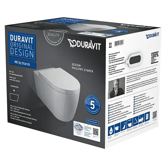 Duravit ME by Starck Wand-WC-Set Typ 1 - Spülrandlos, Ohne Spezialglasur, Spülform: Tief, WC Abgang: Waagerecht, Weiß - Produktbild des Duravit ME by Starck Wand-WCs Rimless, ein modernes und stilvolles Keramik-WC mit Soft-Close-Funktion für jedes Badezimmer.