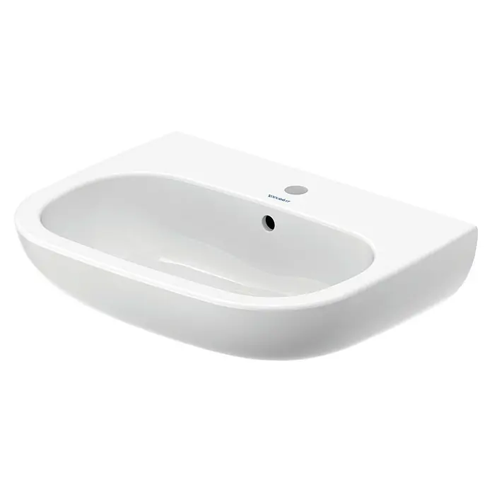 Duravit D-Code Waschtisch - 60 x 46 cm, Ohne Spezialglasur, Hahnloch: Mitte, Mit Überlauf, Weiß - Nahaufnahme eines weißen Duravit-Waschbeckens mit glänzender Oberfläche und elegantem Design, das sich perfekt für moderne Badezimmer eignet.