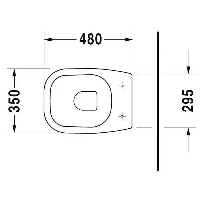Duravit D-Code Stand-WC - Mit Spülrand, Ohne Spezialglasur, Spülform: Tief, WC Abgang: Waagerecht, Weiß - Draufsicht einer Toilettenschüssel mit den Maßen 480 x 350 mm und einem Abstand von 295 mm zur Wand.