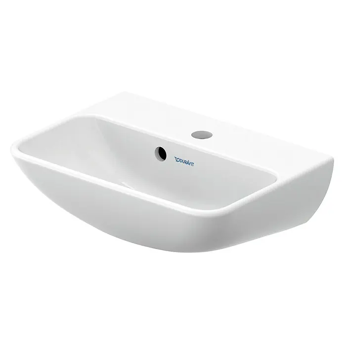 Duravit ME by Starck Waschbecken - 45 x 32 cm, Ohne Spezialglasur, Hahnloch: Mitte, Mit Überlauf, Weiß - Bild einer weißen Duravit Waschbecken-Wandmontage. Modernes Design, ideal für stilvolle Badezimmer.