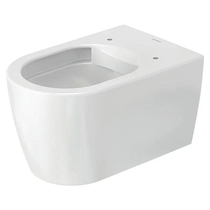 Duravit ME by Starck Wand-WC-Set Typ 1 - Spülrandlos, Ohne Spezialglasur, Spülform: Tief, WC Abgang: Waagerecht, Weiß - Nahaufnahme einer weißen, wandhängenden Duravit Toilette mit abgerundeten Formen, die ein modernes Baddesign ergänzt.
