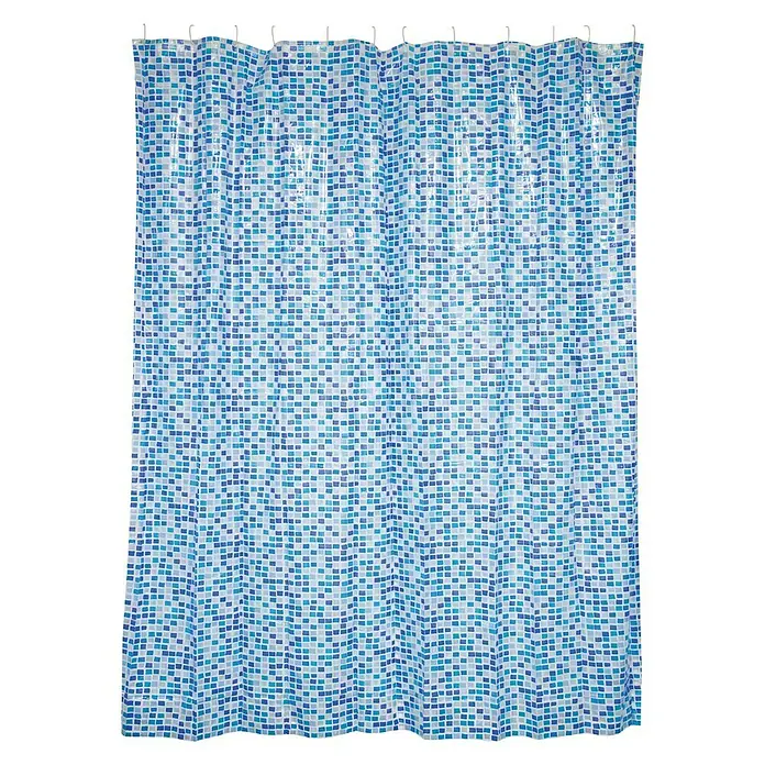 Venus Cortina de baño Concept - An x Al: 180 x 200 cm, Plástico, Azul - Cortina de ducha con estampado azul y blanco con diseño de mosaico cuadrado y ganchos para decoración de baño.