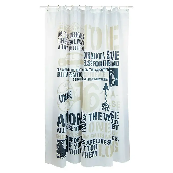 Venus Cortina de baño Combat - An x Al: 180 x 200 cm, Plástico, Blanco - Una cortina de ducha decorativa con un llamativo estampado de textos y motivos para tu baño.