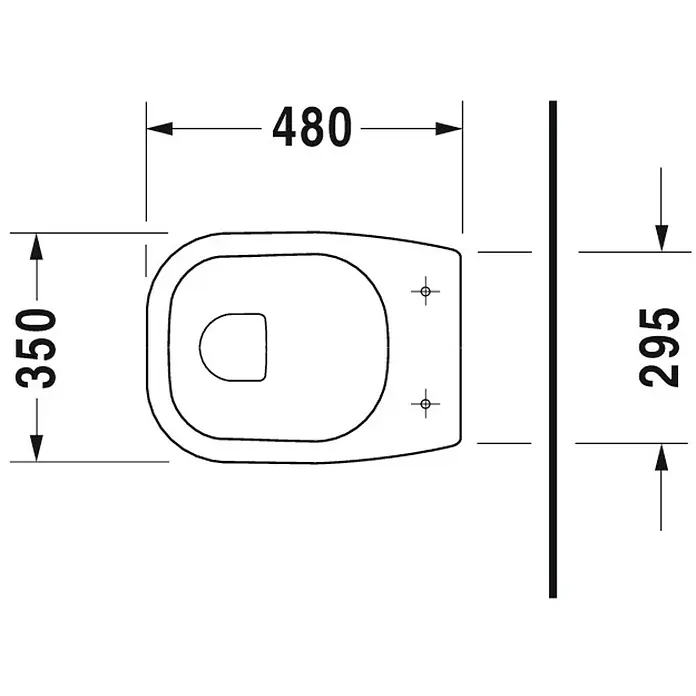Duravit D-Code Stand-WC - Mit Spülrand, Ohne Spezialglasur, Spülform: Flach, WC Abgang: Waagerecht, Weiß - Draufsicht einer Toilette mit Maßangaben. Das WC ist 480 mm breit und 350 mm tief, Abstand zur Wand beträgt 295 mm.