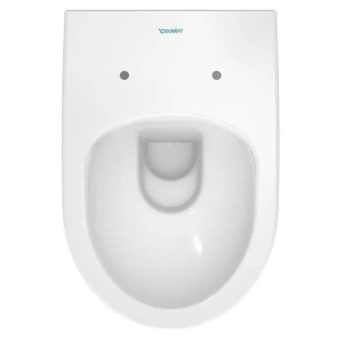 Duravit DuraStyle Wand-WC-Set Basic - Spülrandlos, Ohne Spezialglasur, Spülform: Tief, WC Abgang: Waagerecht, Weiß - Das ist eine Nahaufnahme einer weißen Duravit Toilette von oben. Sie hat ein modernes Design und glatte Oberflächen.