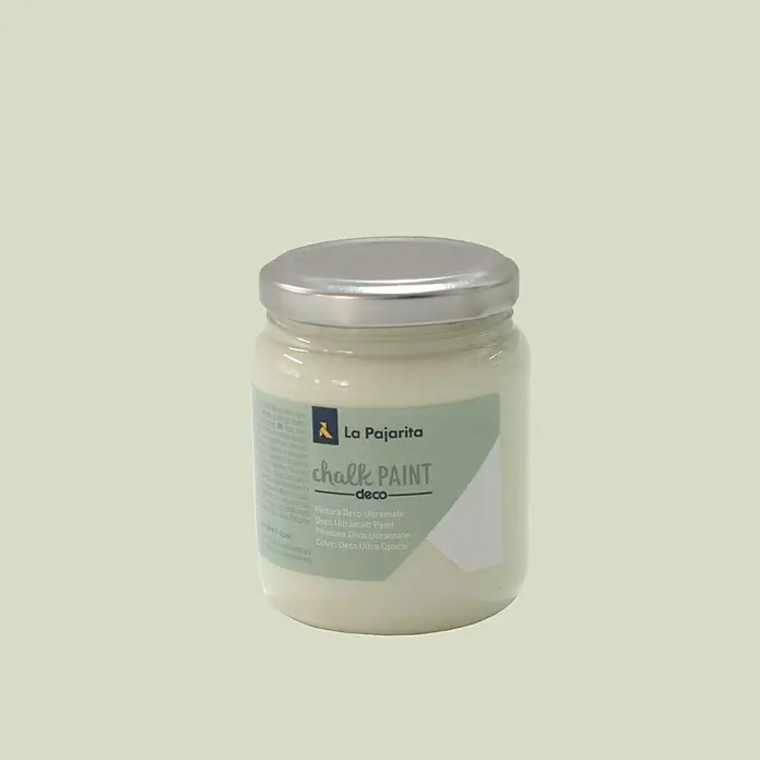 La Pajarita Pintura de tiza Chalk Paint - Verde manzana, 175 ml, Mate - Un tarro de pintura de tiza deco de La Pajarita en un color claro, perfecto para muebles y proyectos de decoración.