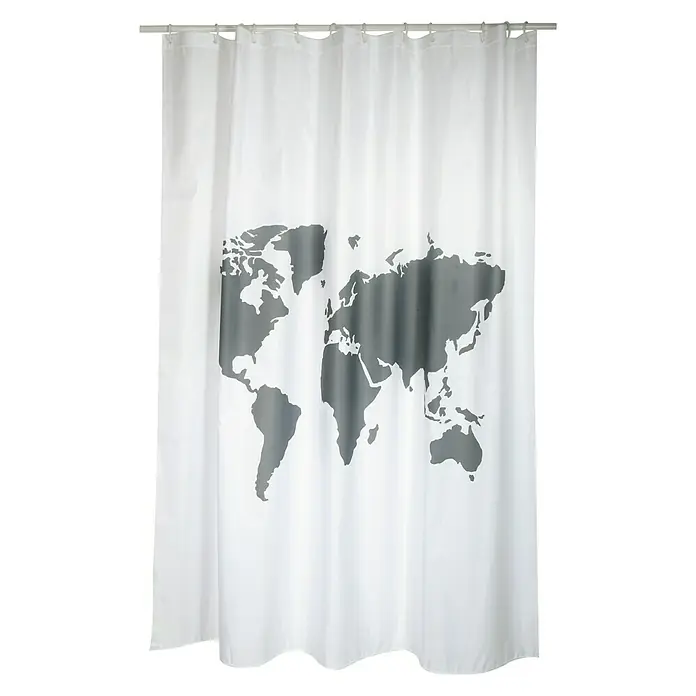 Venus Cortina de baño World - An x Al: 180 x 200 cm, Plástico, Blanco - Cortina de ducha con mapa mundial gris, hecha de tela opaca y colgada en una barra plateada.