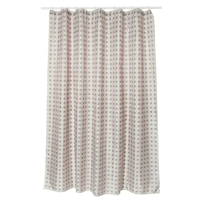Venus Cortina de baño Camberra - An x Al: 180 x 200 cm, Plástico, Taupe/Gris - Una cortina de ducha color crema con lunares grises cuelga de una barra blanca, añadiendo un toque de estilo a cualquier baño.