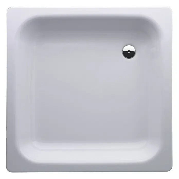 Sanicomfort Duschwanne - L x B: 90 x 90 cm, Stahl, Weiß, Durchmesser Ablauföffnung: 52 mm - Bild einer weißen Duschwanne mit einem glänzenden Abfluss. Ideal für moderne Badezimmer und einfache Installation.
