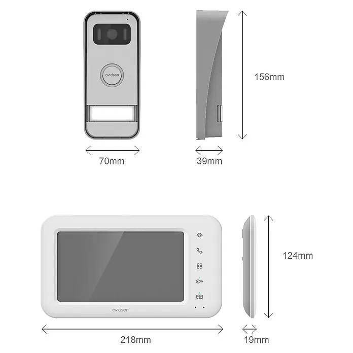 Avidsen Farb-Video-Türsprechanlage Elia - 2-Draht-Technik, Bildschirmgröße: 7″, 800 x 480 Pixel - Produktbild mit Maßen des Avidsen Smart Home Türsprechanlagen-Sets, bestehend aus einer Außen- und Inneneinheit.