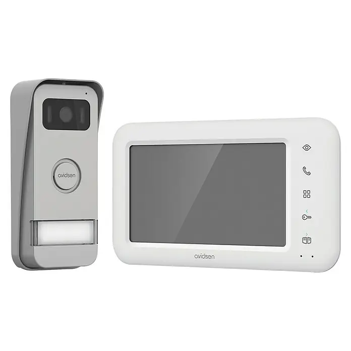 Avidsen Farb-Video-Türsprechanlage Elia - 2-Draht-Technik, Bildschirmgröße: 7″, 800 x 480 Pixel - Bild einer Avidsen-Türklingel mit Videofunktion und einem Monitor zur Anzeige des Kamerabilds.
