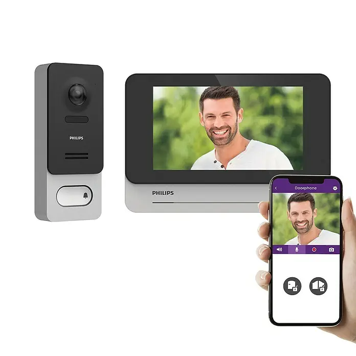 Philips WelcomeEye Farb-Video-Türsprechanlage Wireless - Bildschirmgröße: 7″, 1.920 x 1.080 Pixel (Full HD), Smarte Steuerung: Philips WelcomeEye App - Philips Smart Türsprechanlage mit Kamera, Monitor und Smartphone-App für komfortable Hausüberwachung.