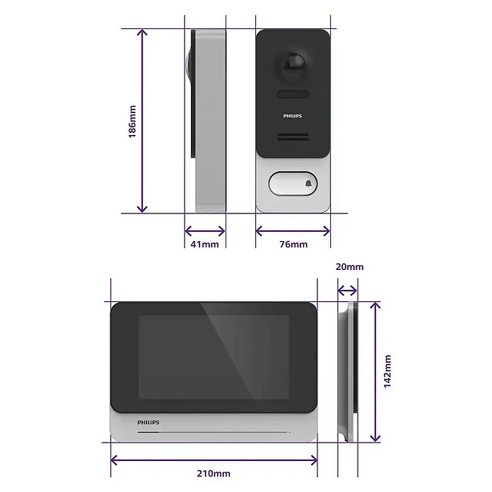 Philips WelcomeEye Farb-Video-Türsprechanlage Wireless - Bildschirmgröße: 7″, 1.920 x 1.080 Pixel (Full HD), Smarte Steuerung: Philips WelcomeEye App - Abmessungen der Philips Smart Türsprechanlage mit Kamera und Innenmonitor, Seiten- und Frontansichten mit Höhen- und Breitenangaben.