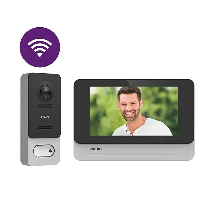 Philips WelcomeEye Farb-Video-Türsprechanlage Wireless - Bildschirmgröße: 7″, 1.920 x 1.080 Pixel (Full HD), Smarte Steuerung: Philips WelcomeEye App - Intelligente Philips-Türklingel mit Videofunktion und integriertem WLAN-Symbol, die eine moderne Hausüberwachung und Kommunikation ermöglicht.