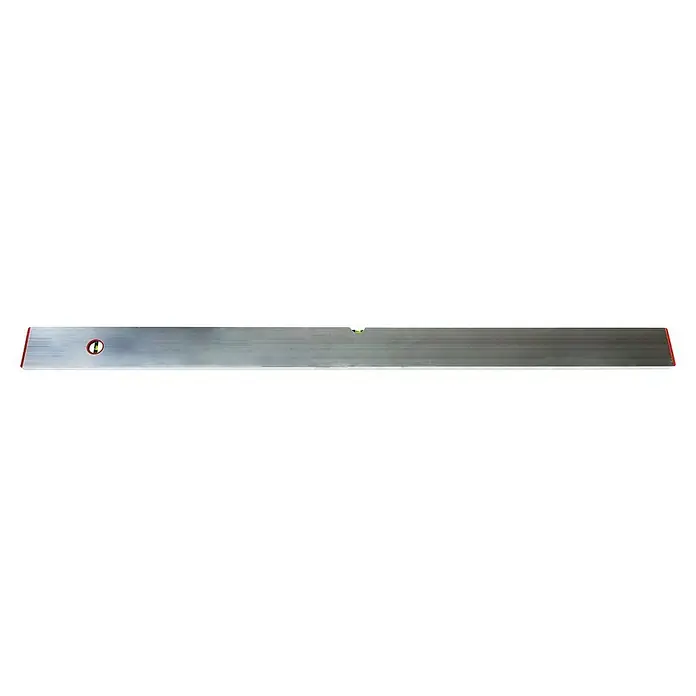 Wisent Aluminium-Abziehlatte - Länge: 200 cm, Anzahl Libellen: 2 Stk. - Eine lange, silberne Wasserwaage mit roten Enden und zwei Blasenlibellen für präzises Nivellieren.