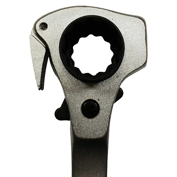 Heka Gerüstbauknarre mit Nagelzieher - Chrom-Vanadium-Stahl - Nahaufnahme eines Ringschlüssel-Werkzeugs mit Ratschenfunktion, ideal für mechanische Arbeiten und Reparaturen.