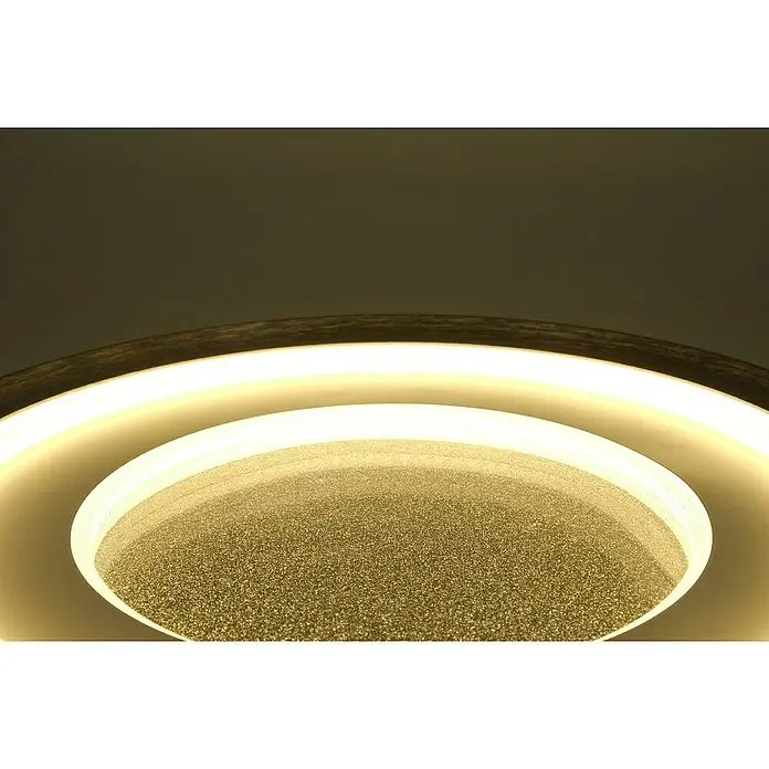 MegaLight LED-Deckenleuchte rund - 40 W, Ø x H: 50 x 6,5 cm, Silber/Weiß, Warmweiß - Nahaufnahme einer modernen LED-Deckenleuchte mit Holzrahmen und warmweißem Licht, die ein elegantes und helles Ambiente erzeugt.