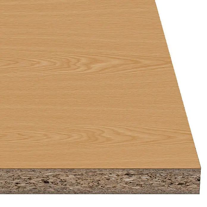 Tablero de melamina Mirror - Roble, 244 cm x 122 cm x 16 mm - Primer plano de un tablero de partículas con chapa de madera, mostrando la textura y composición de la madera procesada.