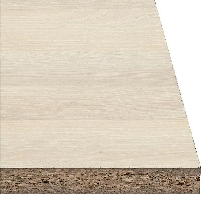 Tablero de melamina Light Mediterranean - Roble claro, 244 cm x 122 cm x 10 mm - Primer plano de un tablero de partículas de color claro con grano de madera visible, ideal para la construcción de muebles y el diseño de interiores.