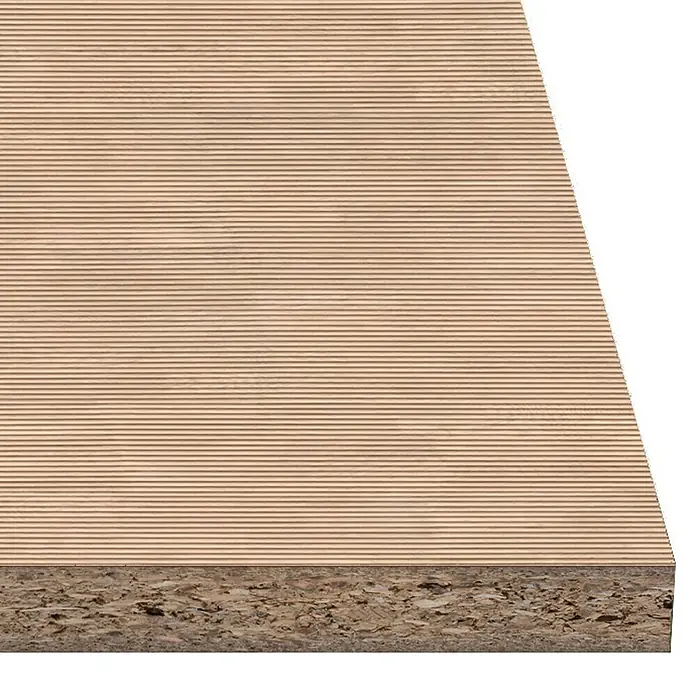 Tablero de melamina Alcatraz - Natural, 244 cm x 122 cm x 10 mm - Primer plano de un tablero de aglomerado revestido de melamina con ranuras horizontales, que destaca la textura y la composición.
