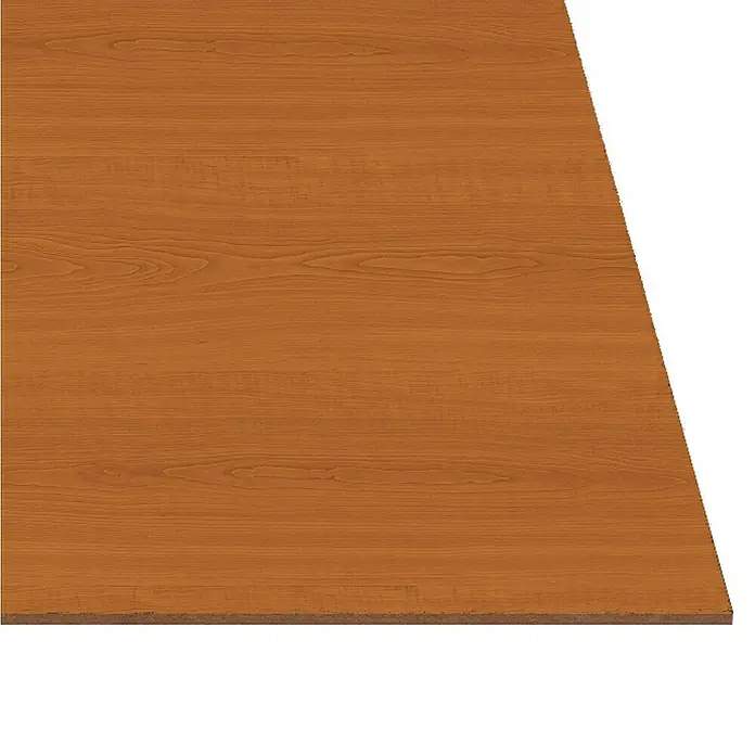 Tablero de melamina Cherry - Cerezo, 244 cm x 122 cm x 3 mm - Primer plano de una mesa de madera marrón con veta, destacando la belleza natural y la textura del producto de madera.