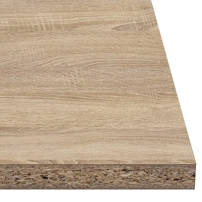 Tablero de melamina Sonoma Oak - Roble, 244 cm x 122 cm x 16 mm - Primer plano de un tablero de aglomerado que muestra la veta de la madera, destacando la textura y el material del producto.