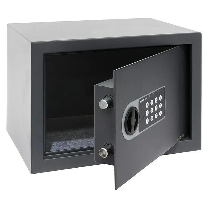 Arregui Caja fuerte 16501-S0 - L x An x Al: 23 x 17 x 17 cm, Tipo de bloqueo: Códigos de usuario - Caja fuerte gris abierta con teclado electrónico para el almacenamiento seguro de objetos de valor en la oficina o en casa.