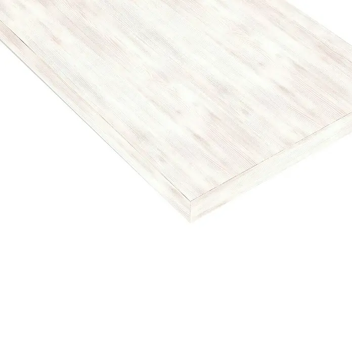 Tablero de melamina Whitewood - Roble blanco, 8 cm x 40 cm x 16 mm - Primer plano de una mesa con un patrón de madera blanca, mostrando sutiles vetas y textura, ideal para el diseño de muebles.