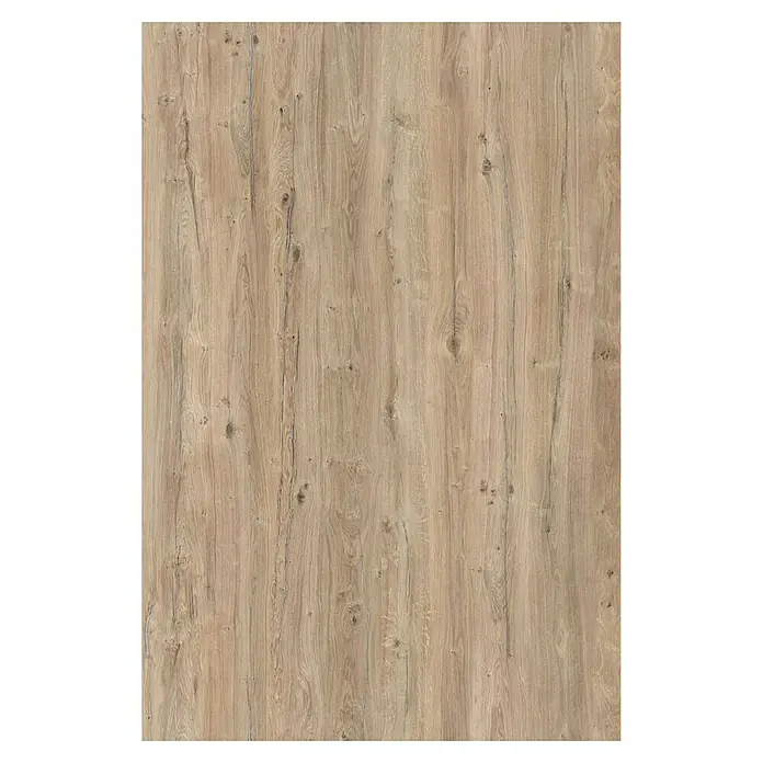 Tablero de melamina Salvaje Mediterráneo - Roble claro, 244 cm x 122 cm x 10 mm - Primer plano de una superficie de madera con vetas en tonos marrones claros y estructura de madera visible.