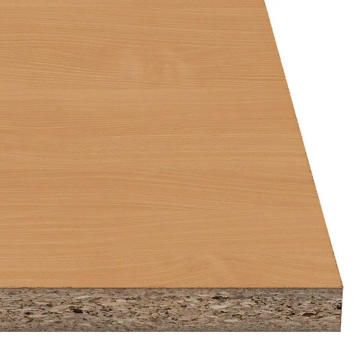 Tablero de melamina Bavaria Beech - Haya, 244 cm x 122 cm x 16 mm - Primer plano de tablero de partículas con veta de madera clara, ideal para muebles y diseño de interiores. Solución robusta.