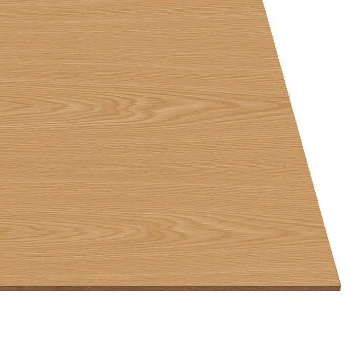 Tablero de melamina al corte Mirror - Roble, 244 cm x 122 cm x 3 mm - Primer plano de un panel de madera marrón claro con grano, perfecto para muebles o proyectos de diseño de interiores.