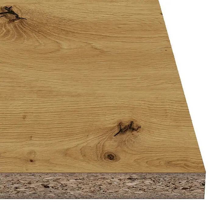 Tablero de melamina Artysan - Roble, 244 cm x 122 cm x 16 mm - Panel de veta de madera: Primer plano de un panel con veta de madera y tablero de partículas visible.