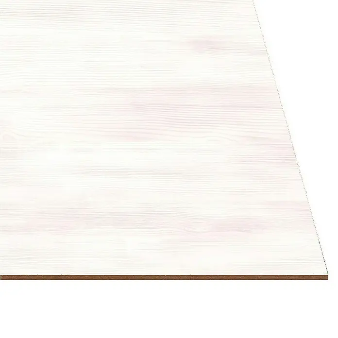 Tablero de melamina Whitewood - Roble blanco, 244 cm x 122 cm x 3 mm - Primer plano de un panel de madera blanca con veta fina, ideal para la fabricación de muebles o como revestimiento de pared elegante.