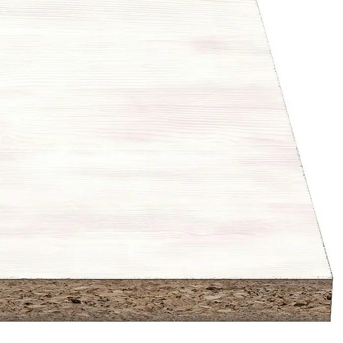 Tablero de melamina Whitewood - Roble blanco, 244 cm x 122 cm x 10 mm - Primer plano de un tablero de partículas de madera con una superficie blanca y textura visible, ideal para la construcción de muebles.
