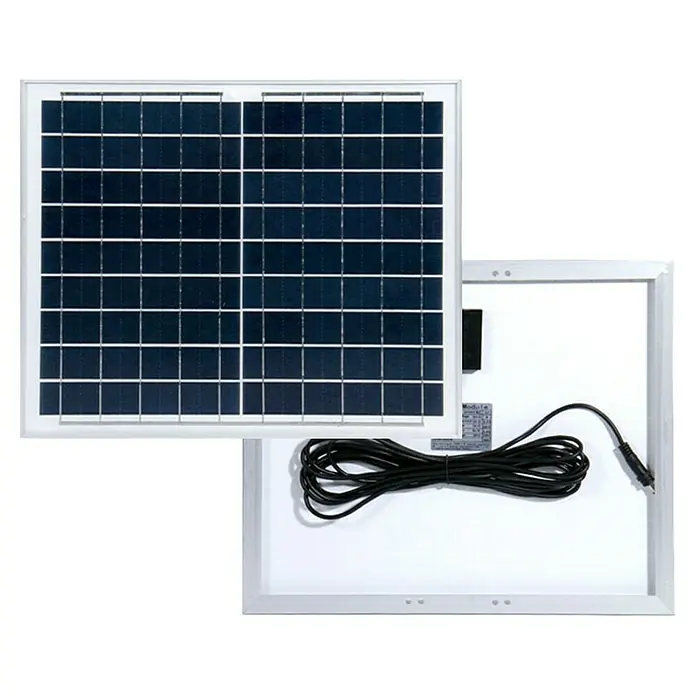 Ventilador de pie con batería y panel solar - 45 cm, 120 cm - Imagen de un panel solar con células azules y marco blanco, vista frontal y trasera.