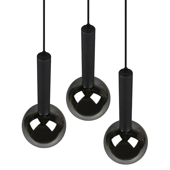 Trio Leuchten Pendelleuchte Clayton - 3 Stk., 84 W, Schwarz-matt, E27 - Elegante Pendelleuchten mit kugelförmigen, rauchgrauen Glasschirmen und schwarzen Aufhängungen. Modernes Design für stilvolle Innenräume.