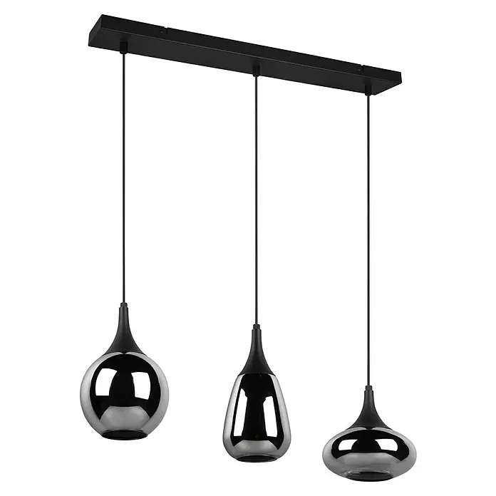 Trio Leuchten Pendelleuchte Lumina - 120 W, L x B x H: 19,5 x 68,8 x 150 cm, Schwarz-matt, E14 - Eine moderne dreiflammige Pendelleuchte mit unterschiedlichen, chromfarbenen Glasschirmen und schwarzer Aufhängung.