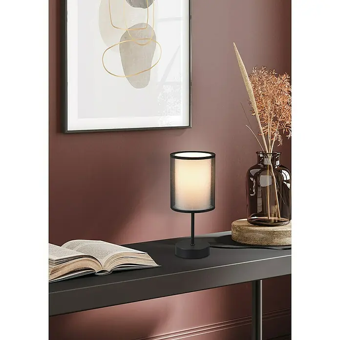 Trio Leuchten Burton Tischleuchte rund - 28 W, Ø x H: 12,5 x 28,5 cm, Schwarz-matt, E14 - Elegante Tischleuchte mit schwarzem Schirm und modernem Design, perfekt für Nachttisch oder Schreibtisch.