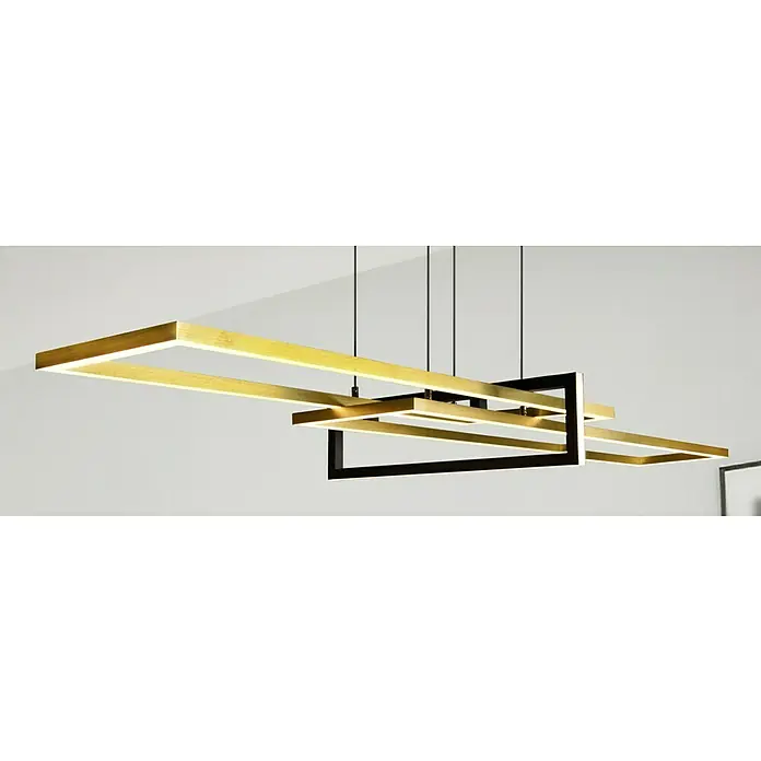Trio Leuchten LED-Pendelleuchte Salinas - 34 W, L x B x H: 40 x 110 x 150 cm, Messing-matt, Warmweiß - Moderne Hängeleuchte mit goldenen und schwarzen Rechteckrahmen, die ein elegantes und zeitgemäßes Design für jeden Raum bietet.