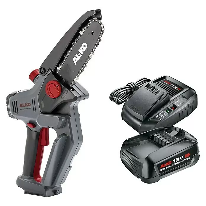 AL-KO Bosch Home & Garden Compatible Akku-Kettensäge CSM 1815 - 18 V, Li-Ionen, 1 Akku, Schwertlänge: 15 cm - AL-KO Akku-Mini-Kettensäge in Grau und Rot, mit schwarzem Akku und Ladegerät. Das Set bietet tragbare Schnittleistung.