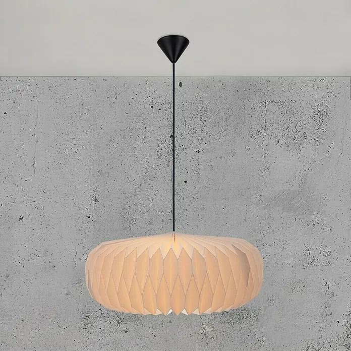 Nordlux Lampenschirm BELLOYL x B x H: 45 x 45 x 18 cm, Weiß, 45 cm - Elegante Pendelleuchte mit einem Lampenschirm aus gefaltetem Papier, hängt an einem schwarzen Kabel und verleiht jedem Raum einen Hauch von Stil.