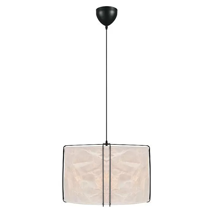Nordlux Pendelleuchte rund CARDINE - 60 W, Ø x H: 50 x 37,5 cm, Weiß, Schwarz, E27 - Moderne Pendelleuchte mit schwarzem Baldachin, schwarzem Kabel und rechteckigem, hellcremefarbenem Faltenstoffschirm mit schwarzem Rahmen.